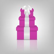 Stack of three realistic pink gift boxes with white ribbon N3