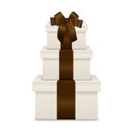 Stack of three realistic white gift boxes with brown ribbon N4