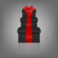 Stack of three realistic black gift boxes with red ribbon N3