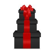 Stack of three realistic black gift boxes with red ribbon N4