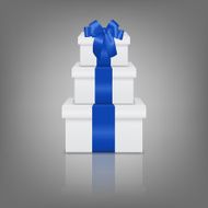 Stack of three realistic white gift boxes with blue ribbon N2