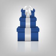 Stack of three realistic blue gift boxes with white ribbon N3