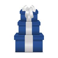 Stack of three realistic blue gift boxes with white ribbon N4