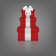 Stack of three realistic red gift boxes with white ribbon N3
