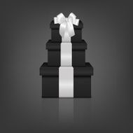 Stack of three realistic black gift boxes with white ribbon N3