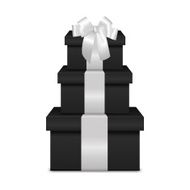 Stack of three realistic black gift boxes with white ribbon N4