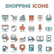 Line icons with flat design elements of shopping