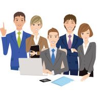 office worker gathers and looks at the PC