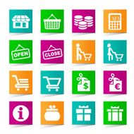 Set of Universal Shopping Icons on Square Colored Buttons N3