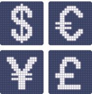 Currency icons dollar euro yen pound sign glowing pixel grid