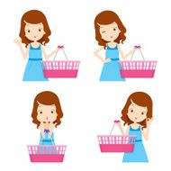 Cute girl and empty shopping baskets with various actions set