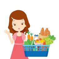 Cute girl holding shopping baskets full of eating