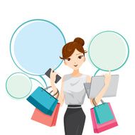 Woman holding notebook smartphone and shopping bags