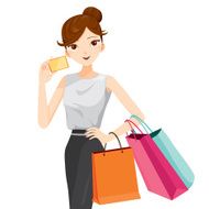 Woman holding card and shopping bags