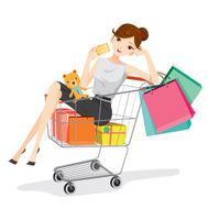 Woman holding card sitting in shopping cart