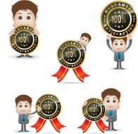 cartoon character and satisfaction badge