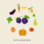 Set of fresh healthy vegetables and fruits made in flat