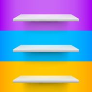 Three white realistic shelves on voilet blue and yellow backgro