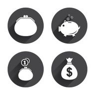 Money bag icons Wallet and piggy bank symbols N5