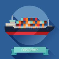 Cargo ship icon on background in flat design style