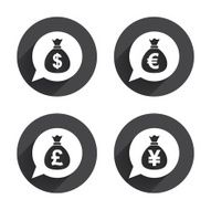 Money bag icons Dollar Euro Pound and Yen N20