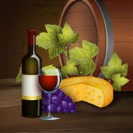 Wine bottle and oak barrel background