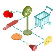 Supermarket basket isometric with eco foods