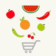 Organic fruits and vegetables on the shopping cartHealthy food Flat