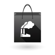 Black shopping bag icon with a factory