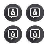 Money bag icons Dollar Euro Pound and Yen N21