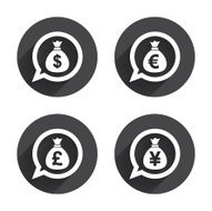 Money bag icons Dollar Euro Pound and Yen N23