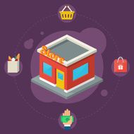 Store isometric building flat icons stylish background
