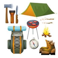 Tourism hiking camping flat pictograms collection
