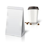 Blank white vector realistic paper packaging bag and coffee cup