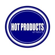HOT PRODUCTS white stamp text on blue