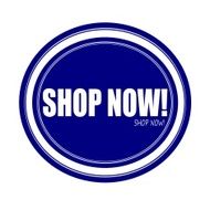 SHOP NOW white stamp text on blue