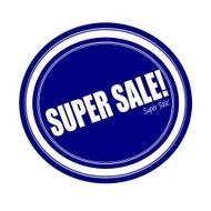 SUPER SALE white stamp text on blue