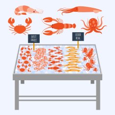 Supermarket shelves with fresh seafood