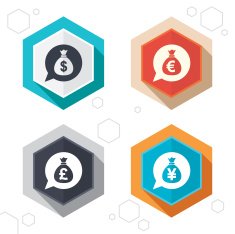 Money bag icons Dollar Euro Pound and Yen N9