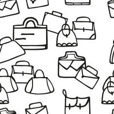 Hand-drawn colorful woman bags black outline on white N2