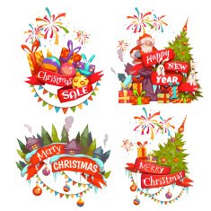 Merry Christmas banner set with Santa Claus ribbon and pine N2