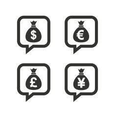Money bag icons Dollar Euro Pound and Yen N10