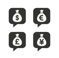 Money bag icons Dollar Euro Pound and Yen N11