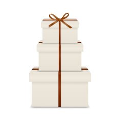 Stack of three realistic white gift boxes with brown ribbon N2