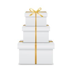 Stack of three realistic white gift boxes with golden ribbon N2