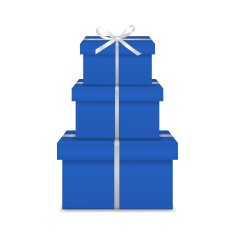 Stack of three realistic blue gift boxes with white ribbon N2