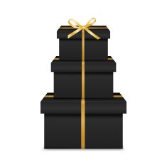 Stack of three realistic black gift boxes with golden ribbon N2