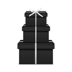 Stack of three realistic black gift boxes with white ribbon N2