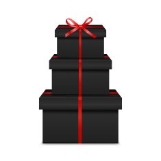 Stack of three realistic black gift boxes with red ribbon N2
