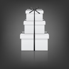 Stack of three realistic white gift boxes with black ribbon